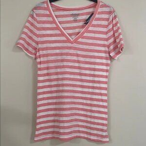 Old Navy Coral and White Striped V-Neck Tee